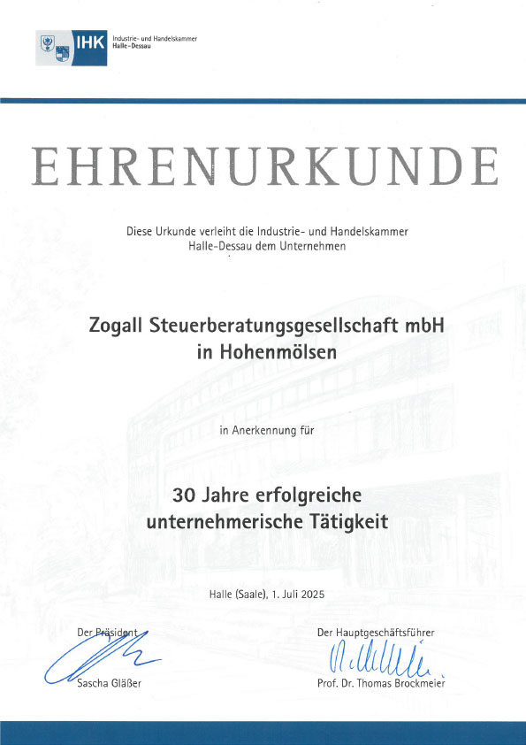 IHK Ehrenurkunde - 30 Jahre Steuerberater Zogall